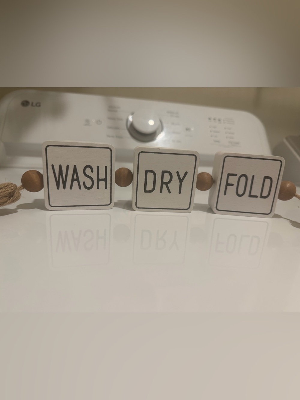 Neutral White 'Wash Dry Fold' Laundry Sign with Natural Wood Beads